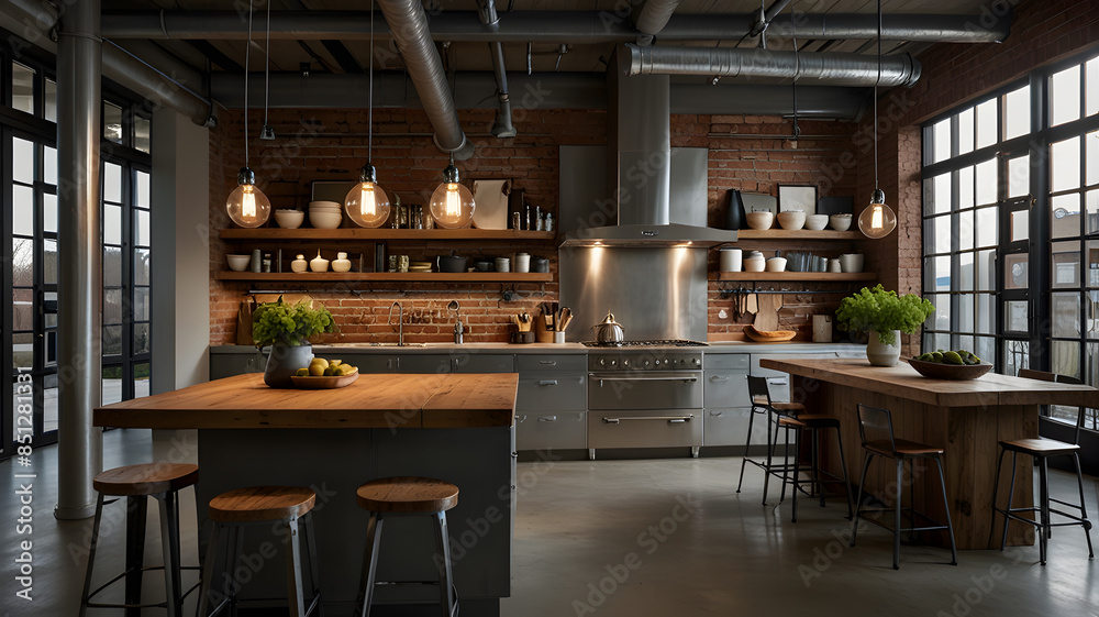 An industrial-style kitchen with exposed brick walls, stainless steel appliances, and open shelving. The kitchen island features a wooden countertop and metal stools. Hanging pendant lights An industrial-style kitchen with exposed brick walls, stainless steel appliances, and open shelving. The kitchen island features a wooden countertop and metal stools. Hanging pendant lights