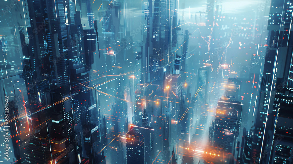 City with interconnected wireless networks, glowing communication lines, high-tech urban design, detailed and futuristic, bright lighting City with interconnected wireless networks, glowing communication lines, high-tech urban design, detailed and futuristic, bright lighting