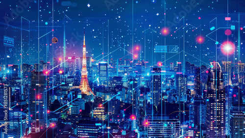 Wallpaper Mural Cityscape with telecommunication network, wireless internet for 5G LTE and smart grid, IoT integration, global business, fintech, blockchain, futuristic and vibrant Torontodigital.ca