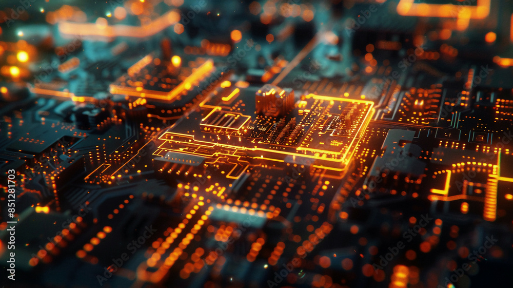 Close-up of intricate circuitry within IoT devices, highlighted by subtle, futuristic lighting effects Close-up of intricate circuitry within IoT devices, highlighted by subtle, futuristic lighting effects