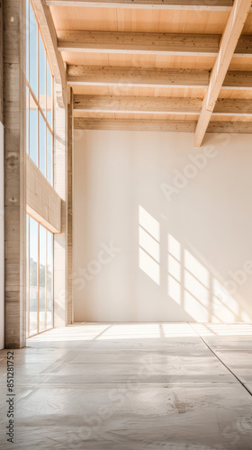 Empty storage room, a warehouse, in beige tones. Luxurious industrial Real Estate composition.