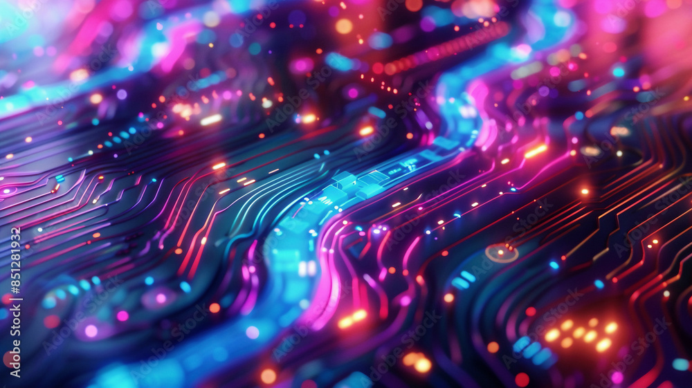 Close-up of IoT sensors against a backdrop of swirling colors, illuminated by dynamic, neon lights to highlight their futuristic design Close-up of IoT sensors against a backdrop of swirling colors, illuminated by dynamic, neon lights to highlight their futuristic design