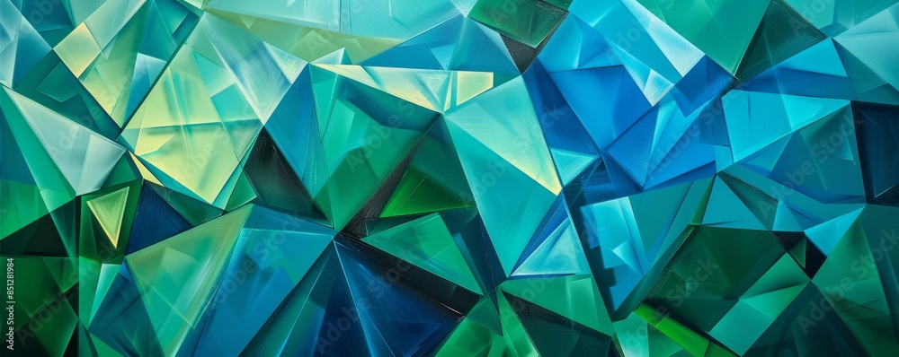 Geometric abstract composition with overlapping triangles and hexagons in shades of blue and green, suggesting a sense of depth and movement. Geometric abstract composition with overlapping triangles and hexagons in shades of blue and green, suggesting a sense of depth and movement.