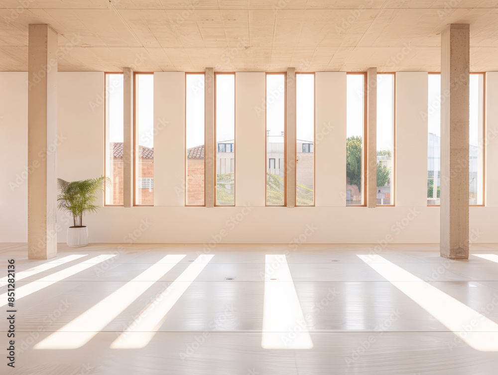 Obraz premium Empty storage room, a warehouse, in beige tones. Luxurious industrial Real Estate composition.