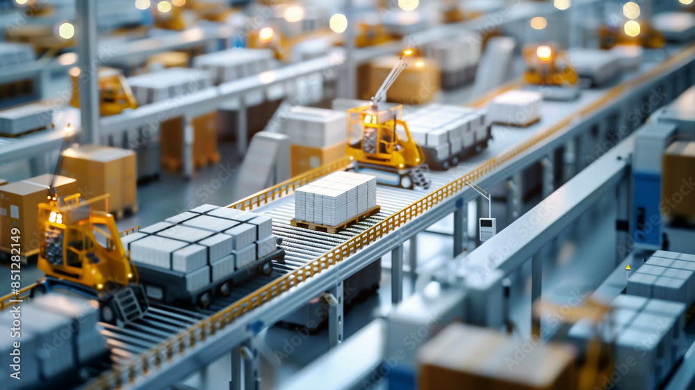 Connected logistics warehouse with automated systems, detailed, industrial lighting, busy atmosphere Connected logistics warehouse with automated systems, detailed, industrial lighting, busy atmosphere