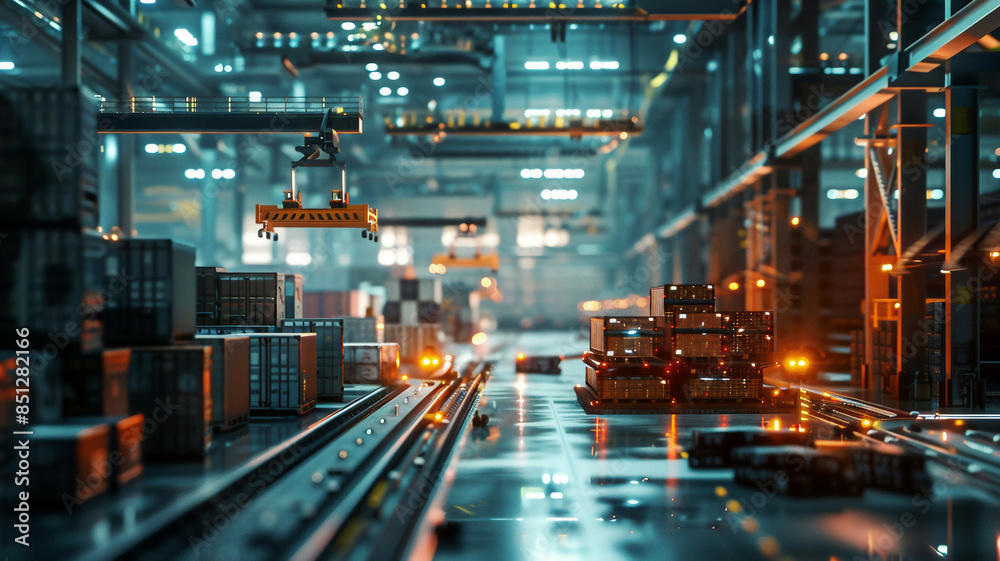 Connected logistics warehouse with automated systems, detailed, industrial lighting, busy atmosphere Connected logistics warehouse with automated systems, detailed, industrial lighting, busy atmosphere