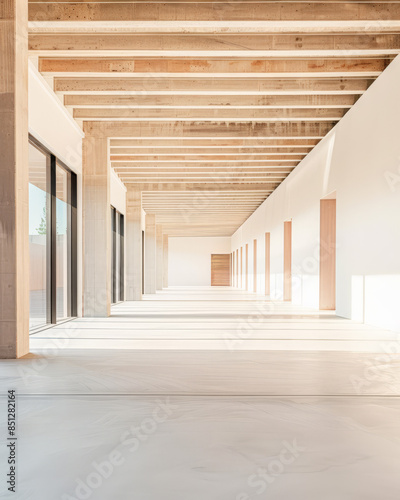 Empty storage room, a warehouse, in beige tones. Luxurious industrial Real Estate composition.