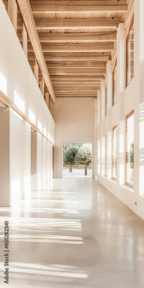 Fototapeta premium Empty storage room, a warehouse, in beige tones. Luxurious industrial Real Estate composition.
