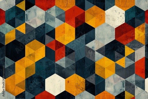 A contemporary illustration of overlapping hexagonal patterns in bold primary colors, inspired by Bauhaus design principles, conveying a sense of balance and harmony.