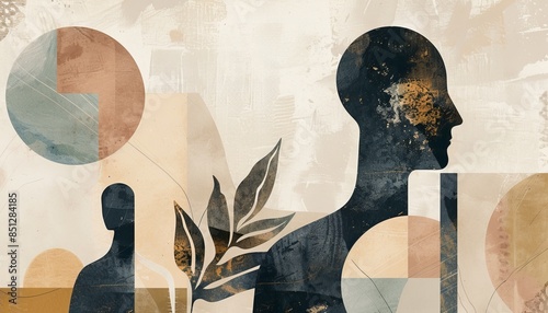 Geometric abstract patterns intersect and overlap in a minimalist illustration depicting human figures in minimalist poses. Subtle hues of minimalist olive and minimalist sandstone convey a sense of