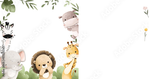 Watercolor Illustration Happy Safari Animals and Tropical Leaves Frame
