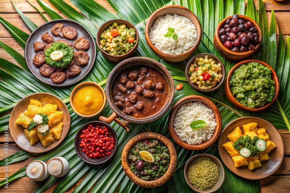 A table full of food with a variety of dishes including rice, beans A table full of food with a variety of dishes including rice, beans