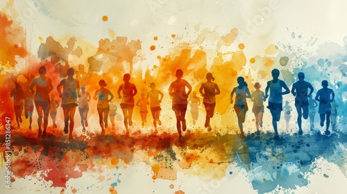 United in Motion - Heartwarming Charity Run with Diverse Participants Against Watercolor Landscape