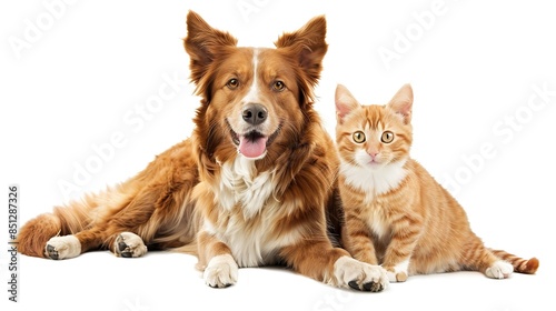 Golden Border Collie and Orange Tabby Kitten Sitting Together on Transparent Background. High Resolution Professional Photography of Adorable Pets with Paws on Ground. 