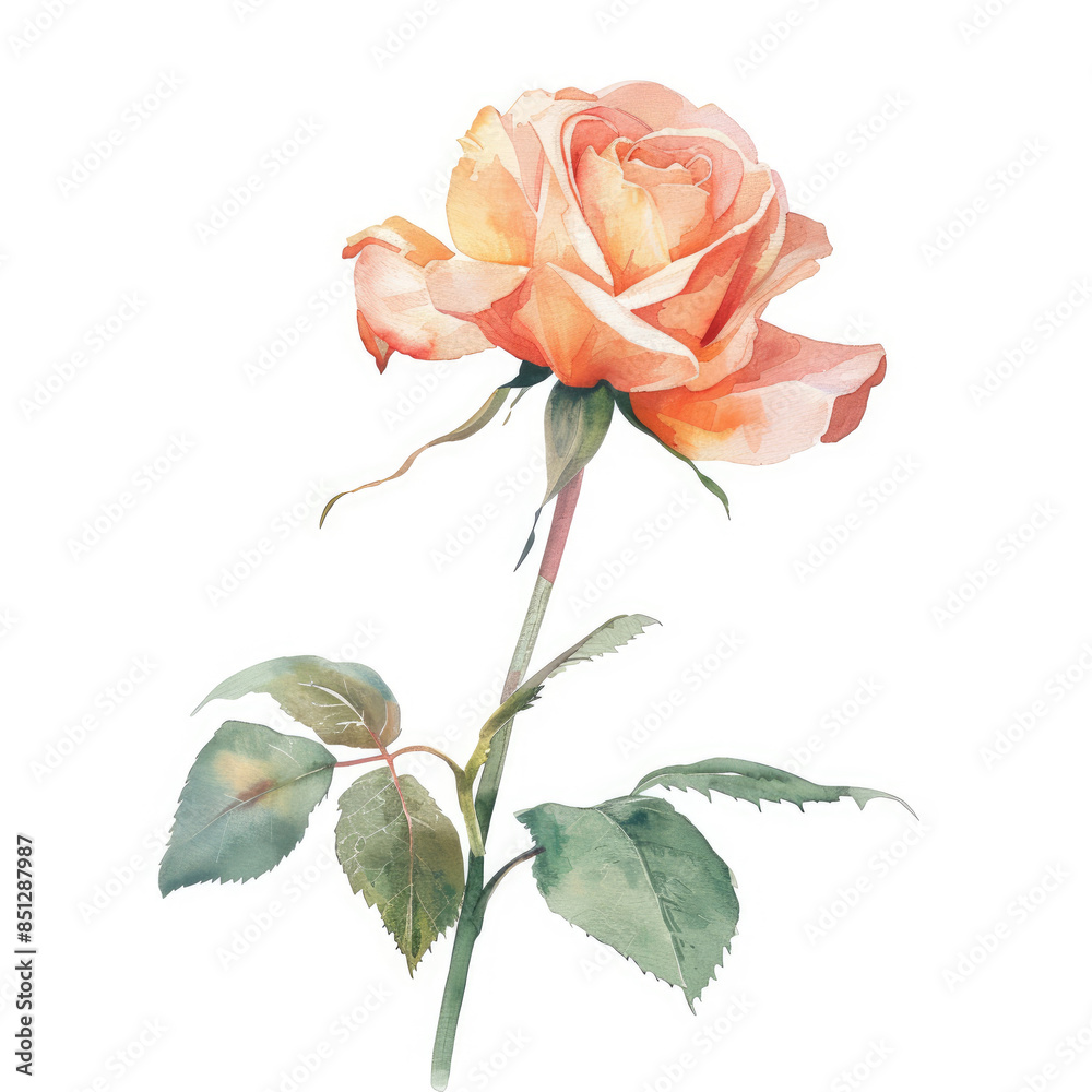 Obraz premium Watercolor illustration of a rose with delicate leaves isolated on a white background