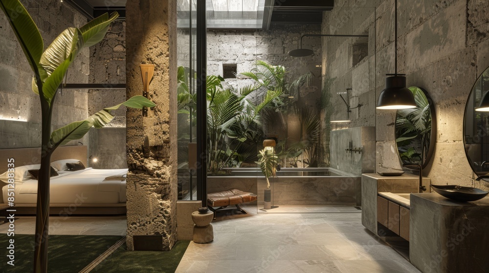 A modern hotel room designed by Gessi, featuring earthy tones and ...