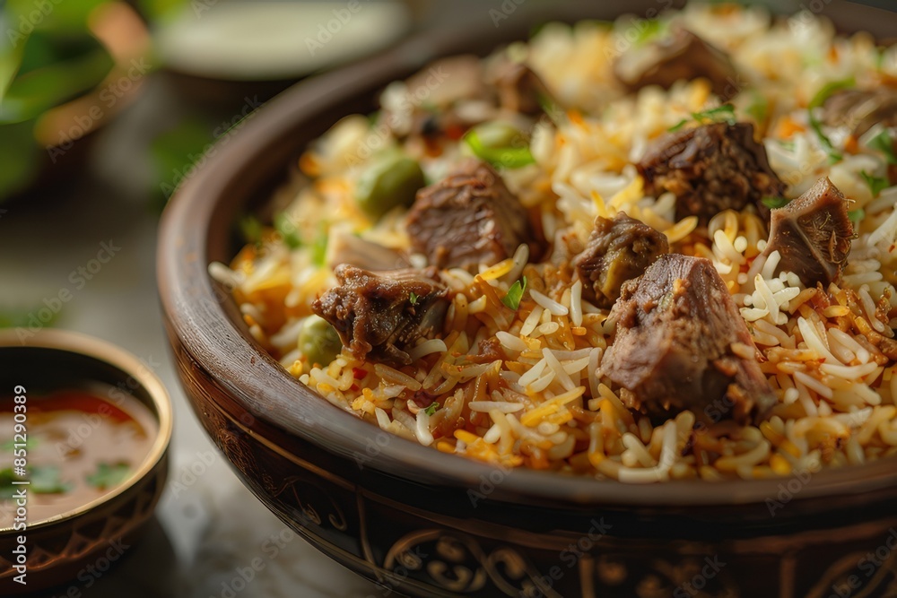 A plate of biryani on a marble countertop
