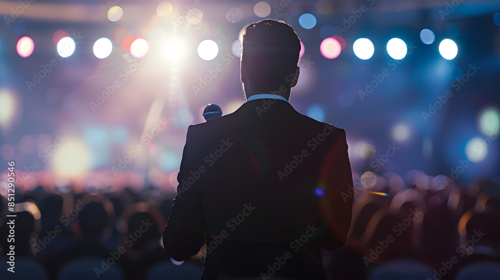 A man with a microphone addressing an audience from the stage, illuminated by vibrant lights, capturing the energy and focus of a public speaking event or conference. A man with a microphone addressing an audience from the stage, illuminated by vibrant lights, capturing the energy and focus of a public speaking event or conference.