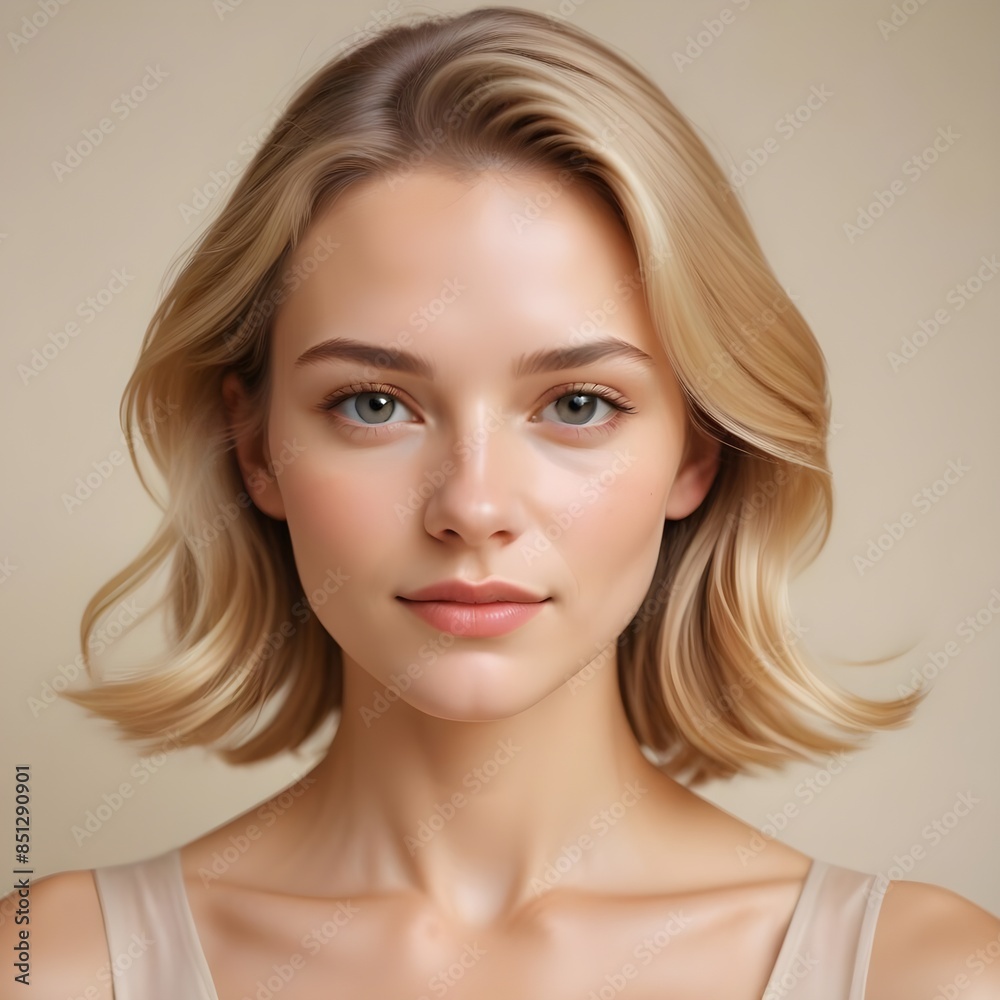 Portrait of a young blonde caucasian woman with a luminous, bright glowing complexion accentuated by the effects of recent facial or beauty treatment, placed on a plain beige backdrop Portrait of a young blonde caucasian woman with a luminous, bright glowing complexion accentuated by the effects of recent facial or beauty treatment, placed on a plain beige backdrop