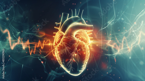 AI transforming cardiology: A detailed representation of a human heart with an ECG line, emphasizing the role of AI in heart health diagnostics and treatments.