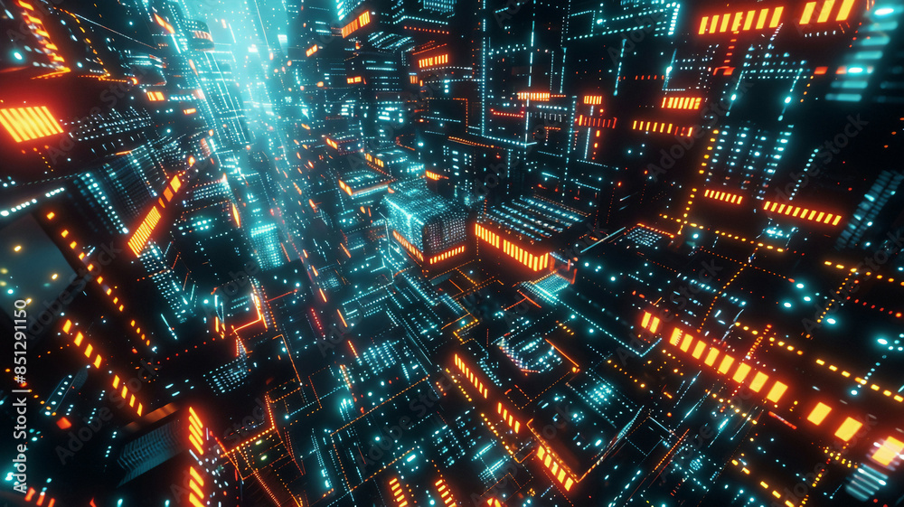 Array of interconnected devices arranged in a grid pattern, emitting vibrant, pulsating lights against a dark, futuristic background Array of interconnected devices arranged in a grid pattern, emitting vibrant, pulsating lights against a dark, futuristic background