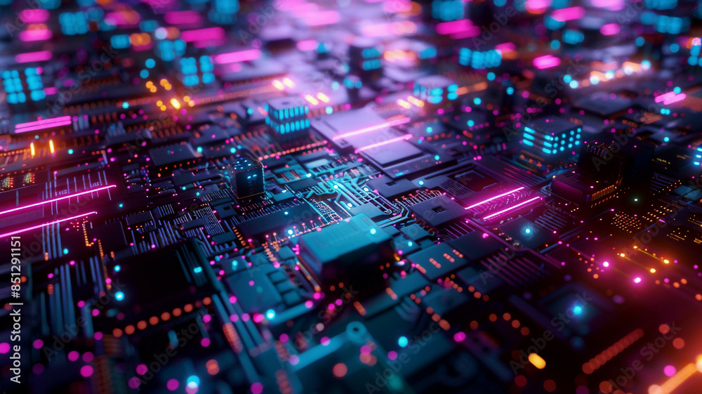Array of interconnected devices arranged in a grid pattern, emitting vibrant, pulsating lights against a dark, futuristic background Array of interconnected devices arranged in a grid pattern, emitting vibrant, pulsating lights against a dark, futuristic background