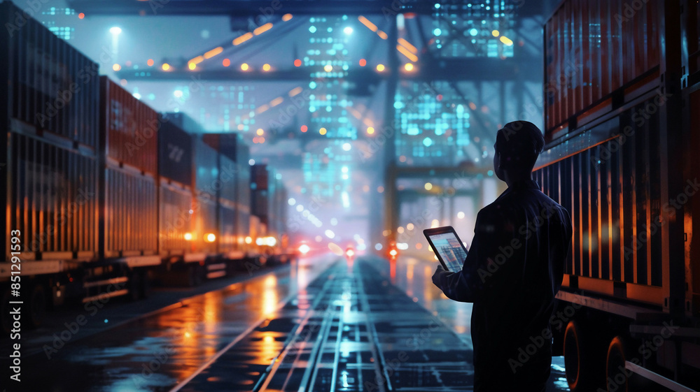 Businessman with tablet overseeing logistic network, smart transport, truck and train logistics, container cargo ships, import-export, high-tech and detailed Businessman with tablet overseeing logistic network, smart transport, truck and train logistics, container cargo ships, import-export, high-tech and detailed