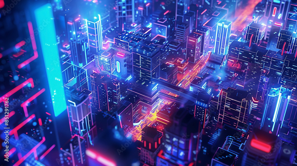 Fototapeta premium City with interconnected wireless networks, glowing communication lines, high-tech urban design, detailed and futuristic, bright lighting