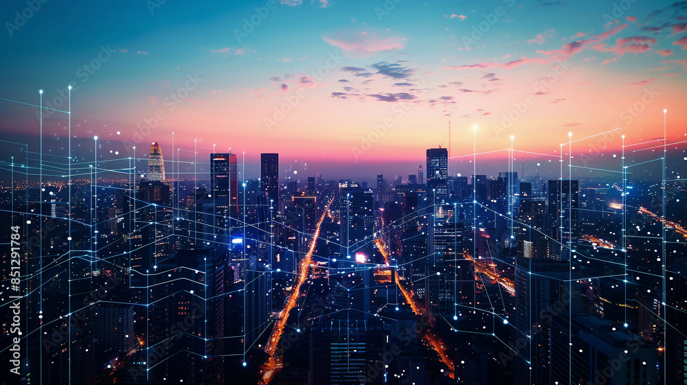Fototapeta premium Cityscape with telecommunication network, wireless internet for 5G LTE and smart grid, IoT integration, global business, fintech, blockchain, futuristic and vibrant