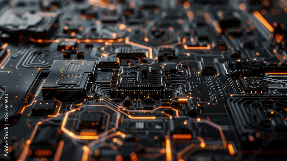 Close-up of intricate circuitry within IoT devices, highlighted by subtle, futuristic lighting effects Close-up of intricate circuitry within IoT devices, highlighted by subtle, futuristic lighting effects
