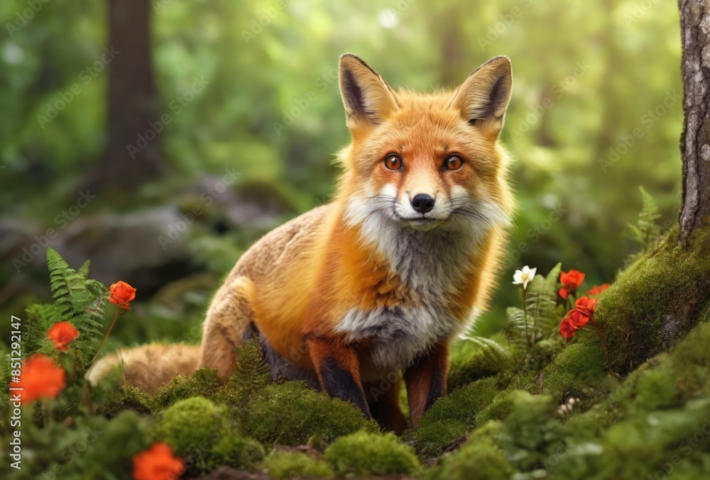 Fox in green forest. Cute Red Fox, at forest with flowers, moss stone. Wildlife scene from nature. Fox in green forest. Cute Red Fox, at forest with flowers, moss stone. Wildlife scene from nature.