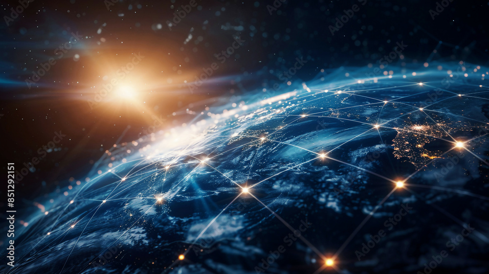 Fototapeta premium Communication technology for internet business, global world network and telecommunication, cryptocurrency, blockchain, IoT integration, high-tech and detailed, bright lighting