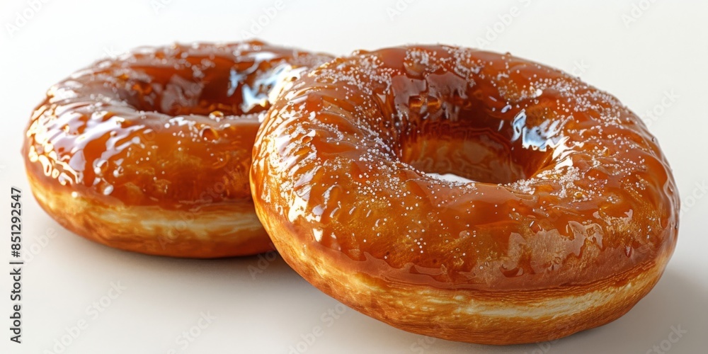 Top-down view of two fresh, glazed donuts placed against a clean white background.