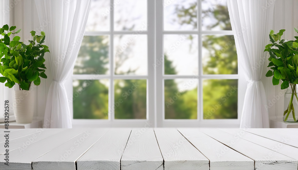 Fototapeta premium white Wooden table top on blurred background of white half curtained white window