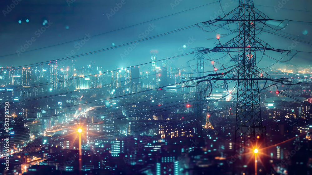 Fototapeta premium Electricity poles in cityscape, smart grid energy distribution, high voltage transmission, urban energy supply, detailed, futuristic concept, bright lighting