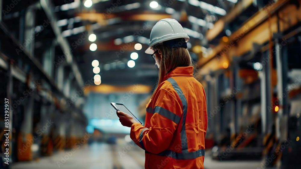 Female industrial engineer in safety uniform and hard hat, using tablet, walking through metal manufacturing warehouse, professional, detailed, high-tech industrial setting Female industrial engineer in safety uniform and hard hat, using tablet, walking through metal manufacturing warehouse, professional, detailed, high-tech industrial setting