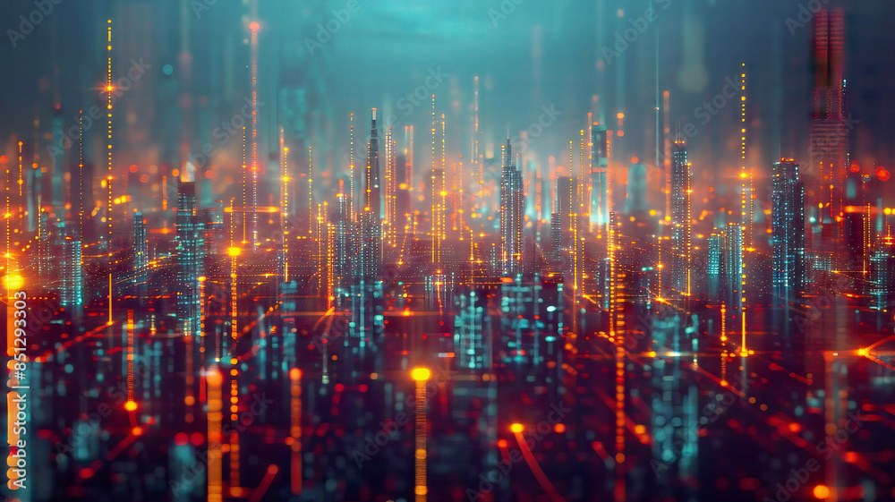 Fototapeta premium Futuristic cityscape with interconnected smart devices, glowing lines representing data flow, cyberpunk aesthetic, volumetric lighting, ultra-detailed