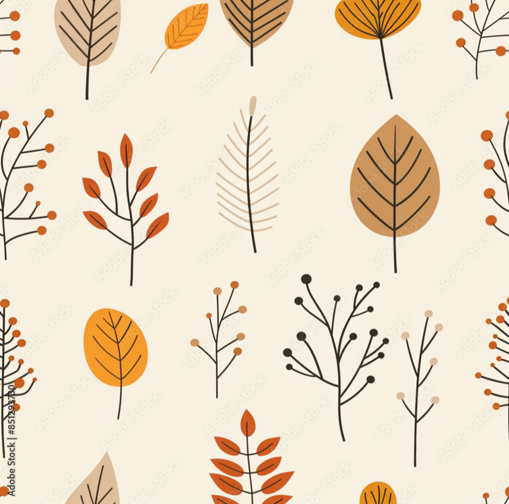 Fototapeta premium continuous nordic autumn winter textile pattern for kids, organic, earthy tones, minimal, negative space, nature inspired, dreamy, on cream background