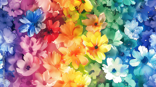 Fototapeta Naklejka Na Ścianę i Meble -  A vibrant seamless pattern featuring an array of watercolor flowers in a rainbow of colors, creating a lively and colorful design perfect for various creative projects.