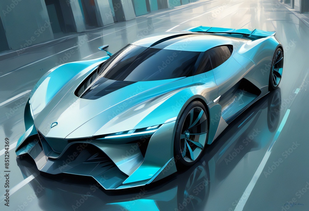 A futuristic supercar, sports car silver and teal A futuristic supercar, sports car silver and teal