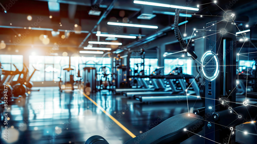 IoT in sports with connected fitness equipment, detailed, gym setting, bright lighting IoT in sports with connected fitness equipment, detailed, gym setting, bright lighting