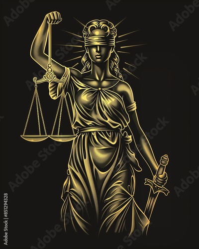 Vector style t-shirt illustration of golden lady justice isolated on black background © Desainisme
