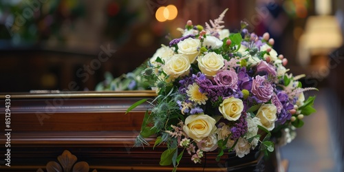 A funeral bouquet on the lid of a closed coffin at a funeral service. Funeral arrangements. Funeral services