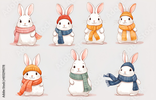 Cartoon dutch rabbit wearing hats and necklaces,litele bears ,Duoge Comics. Multi grid emoticons, multiple animal avatars and expressions