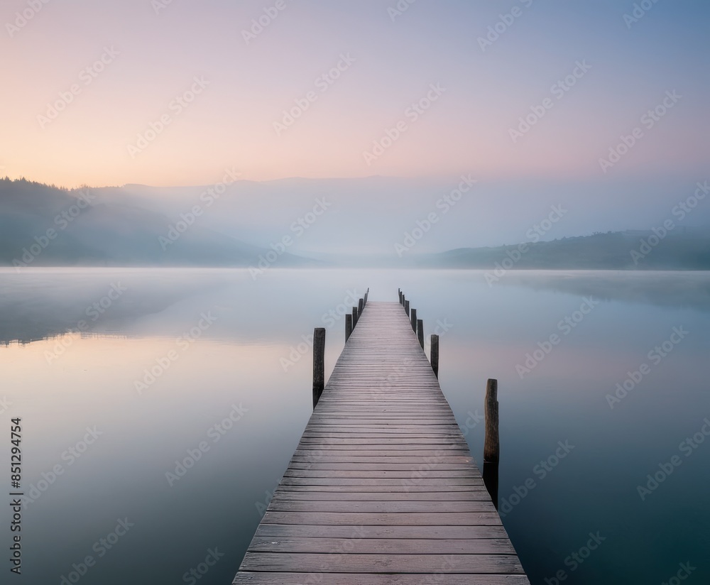 Naklejka premium A tranquil morning scene with a wooden pier extending into a mist-covered lake, mountains faintly visible in the background, and a pastel-colored sky at sunrise.. AI Generation