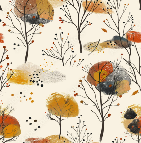 continuous nordic autumn winter textile pattern for kids, organic, earthy tones, minimal, negative space, nature inspired, dreamy, on cream background photo