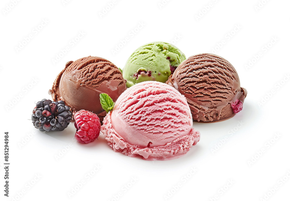 Scoops of ice cream in pink, green and chocolate colors with berries on white background Scoops of ice cream in pink, green and chocolate colors with berries on white background