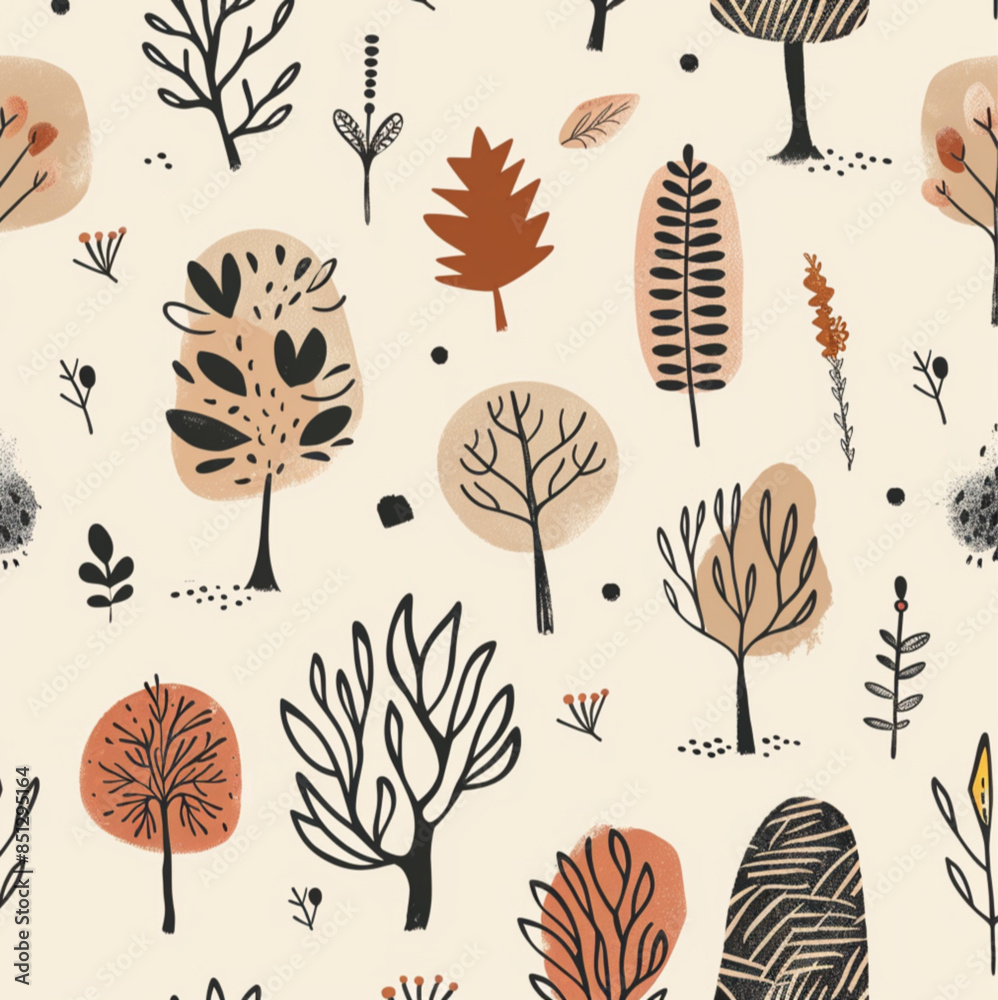 continuous nordic autumn winter textile pattern for kids, organic, earthy tones, minimal, negative space, nature inspired, dreamy, on cream background continuous nordic autumn winter textile pattern for kids, organic, earthy tones, minimal, negative space, nature inspired, dreamy, on cream background