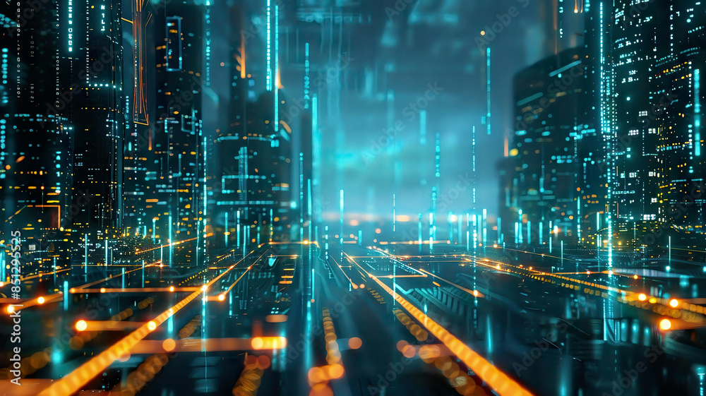 Fototapeta premium Smart city with communication network, glowing data lines, modern urban environment, high-tech connectivity, detailed and futuristic cityscape, vibrant lighting