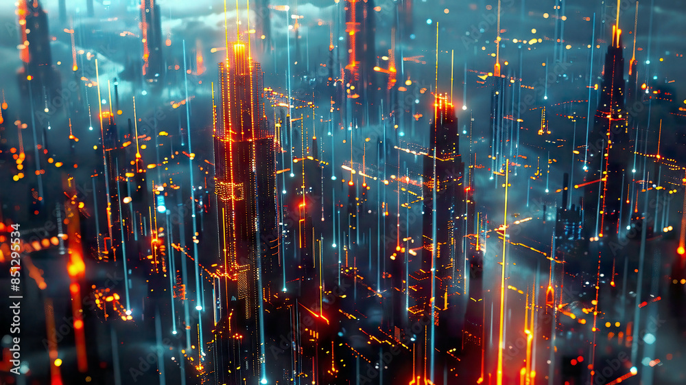 Smart city with communication network, IoT (Internet of Things), ICT (Information Communication Technology), glowing data lines, futuristic cityscape, high-tech, detailed Smart city with communication network, IoT (Internet of Things), ICT (Information Communication Technology), glowing data lines, futuristic cityscape, high-tech, detailed